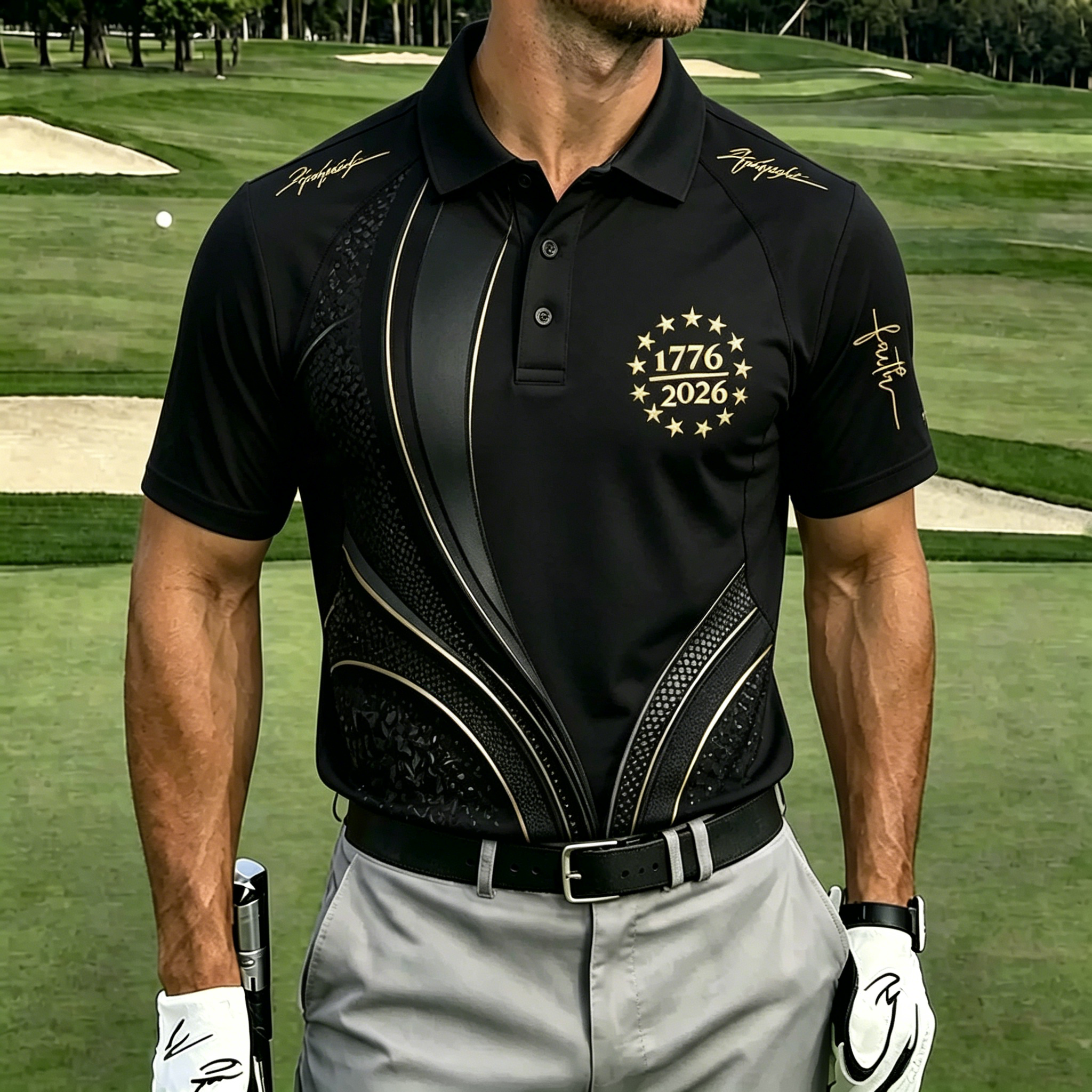 America 250th Anniversary Golf Polo Shirt – Navy Blue with Presidential Seal & Diagonal "AMERICA 250" Print, Patriotic Performance Top