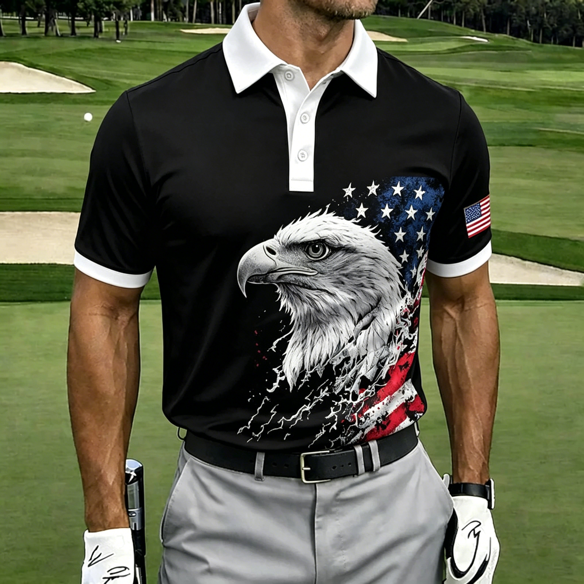 Men’s American Flag Eagle Golf Shirt, Moisture-Wicking Patriotic Short Sleeve Polo