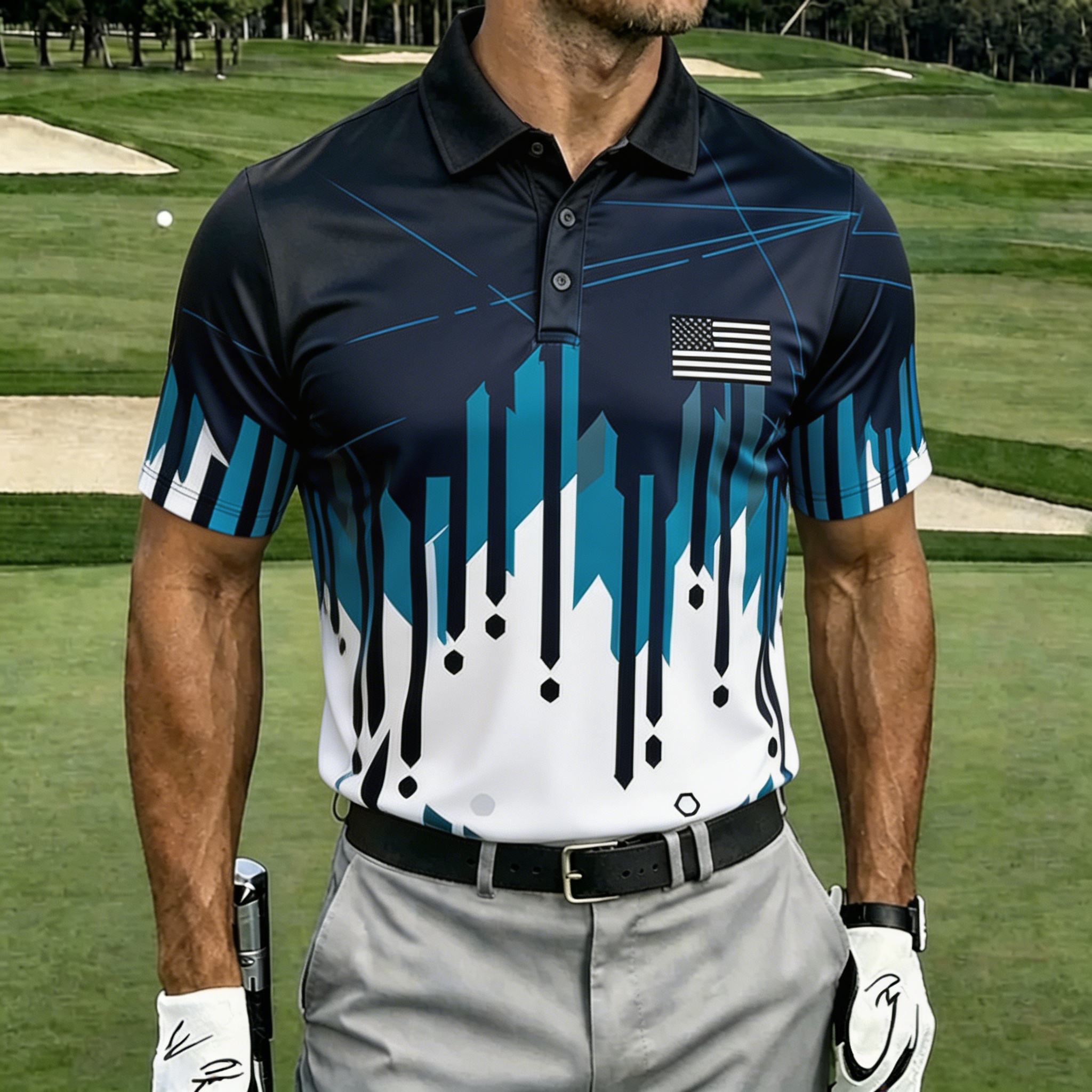 USA Flag Argyle Pattern Golf Shirt, Men’s Athletic Performance Polo for Sports & Casual