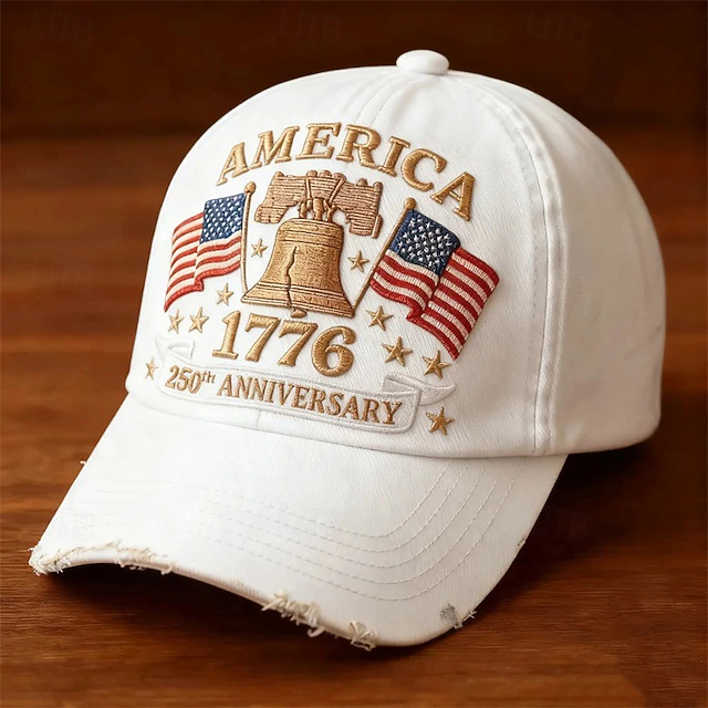 America 250th Anniversary 1776 Liberty Bell Embroidered Dad Hat – Distressed Vintage White Patriotic Baseball Cap