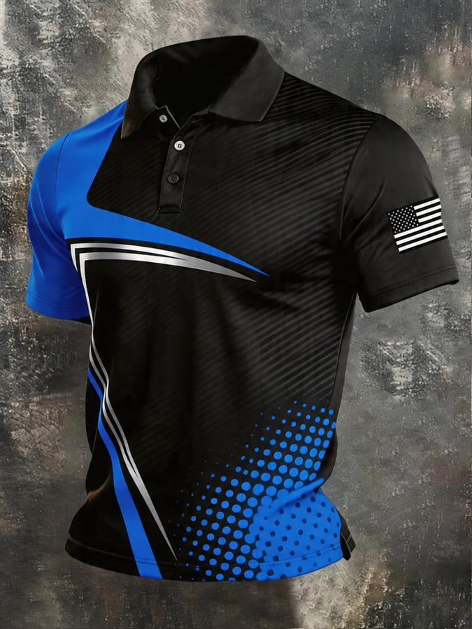 Men’s Sporty American Flag Print Polo Shirt, Performance Fabric Short Sleeve Casual & Golf Wear