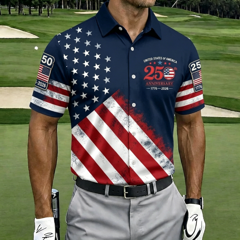 USA 250th Anniversary Vintage Distressed Flag Print Men's Golf Polo Shirt