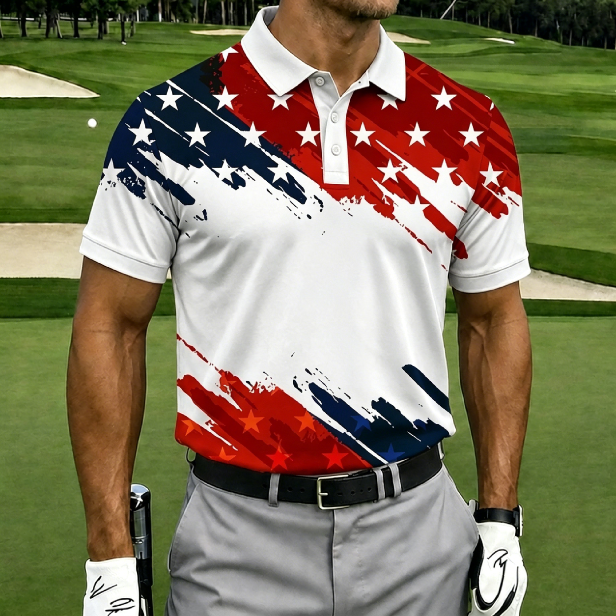Retro Grunge USA Flag Mens Polo – Diagonal Paint Splash Star Stripe Graphic, Quick Dry Summer Sports Casual Top