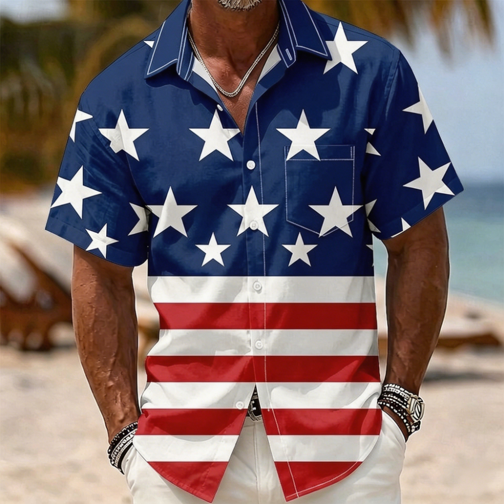 Vintage American Flag Paint Stroke Shirt – Patriotic Red White Blue Star Stripe Print, Mens Lightweight Vacation Casual Top