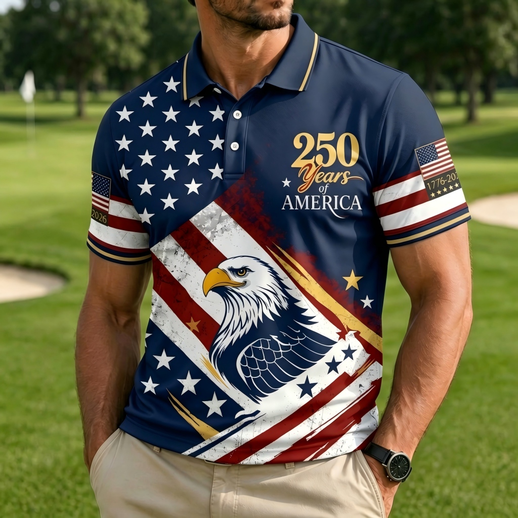 USA 250th Anniversary Golf Polo Shirt – Diagonal Flag, Fireworks & Eagle Print, Patriotic Quick Dry Short Sleeve Top