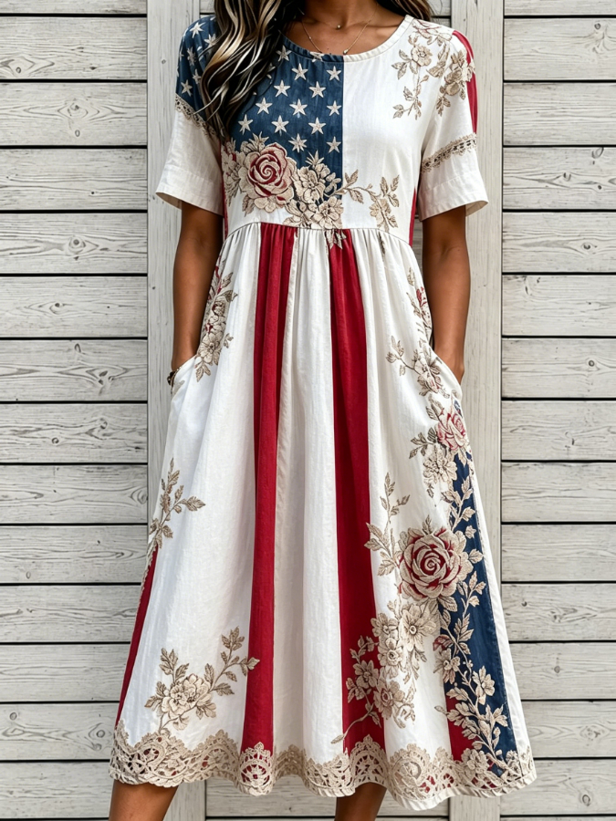 Patriotic Flag & Floral Print Short Sleeve Lace Trim Midi Dress