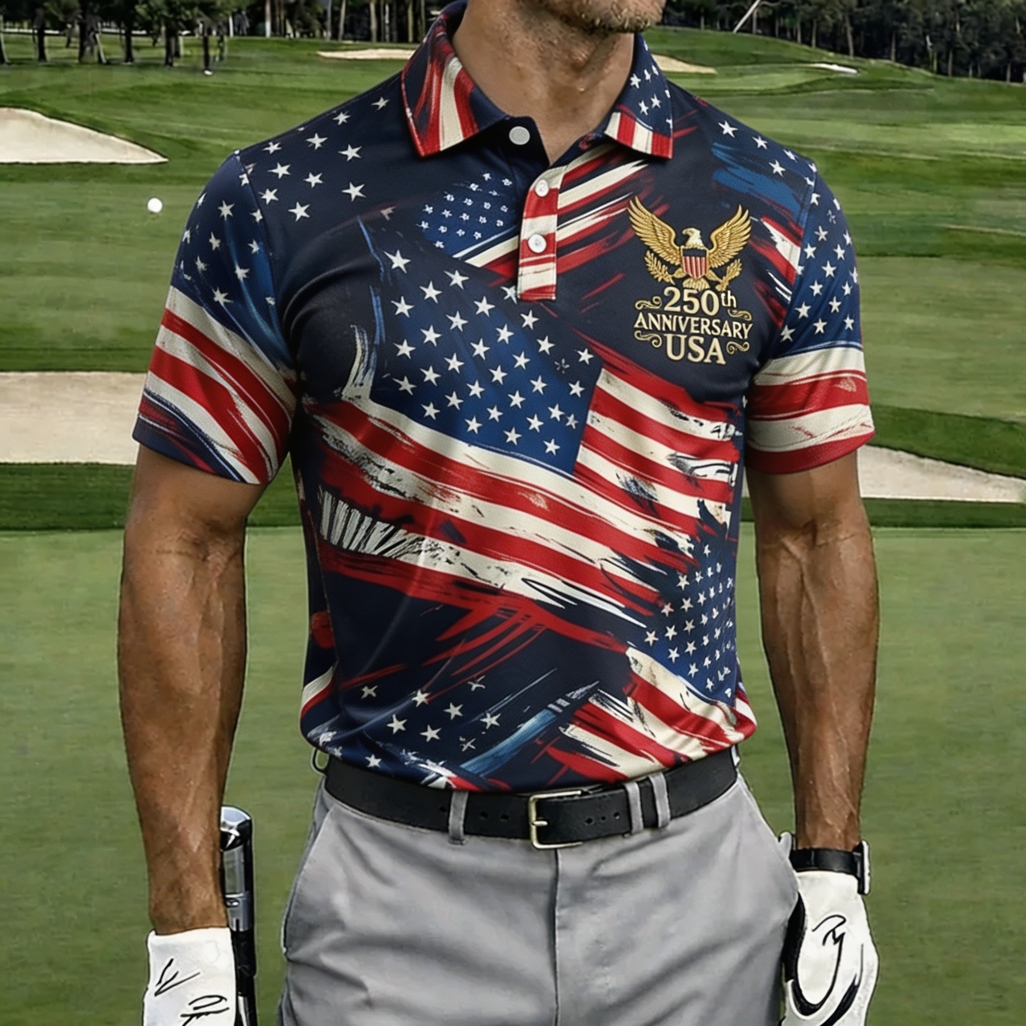 USA 250th Anniversary American Flag Golf Polo Shirt