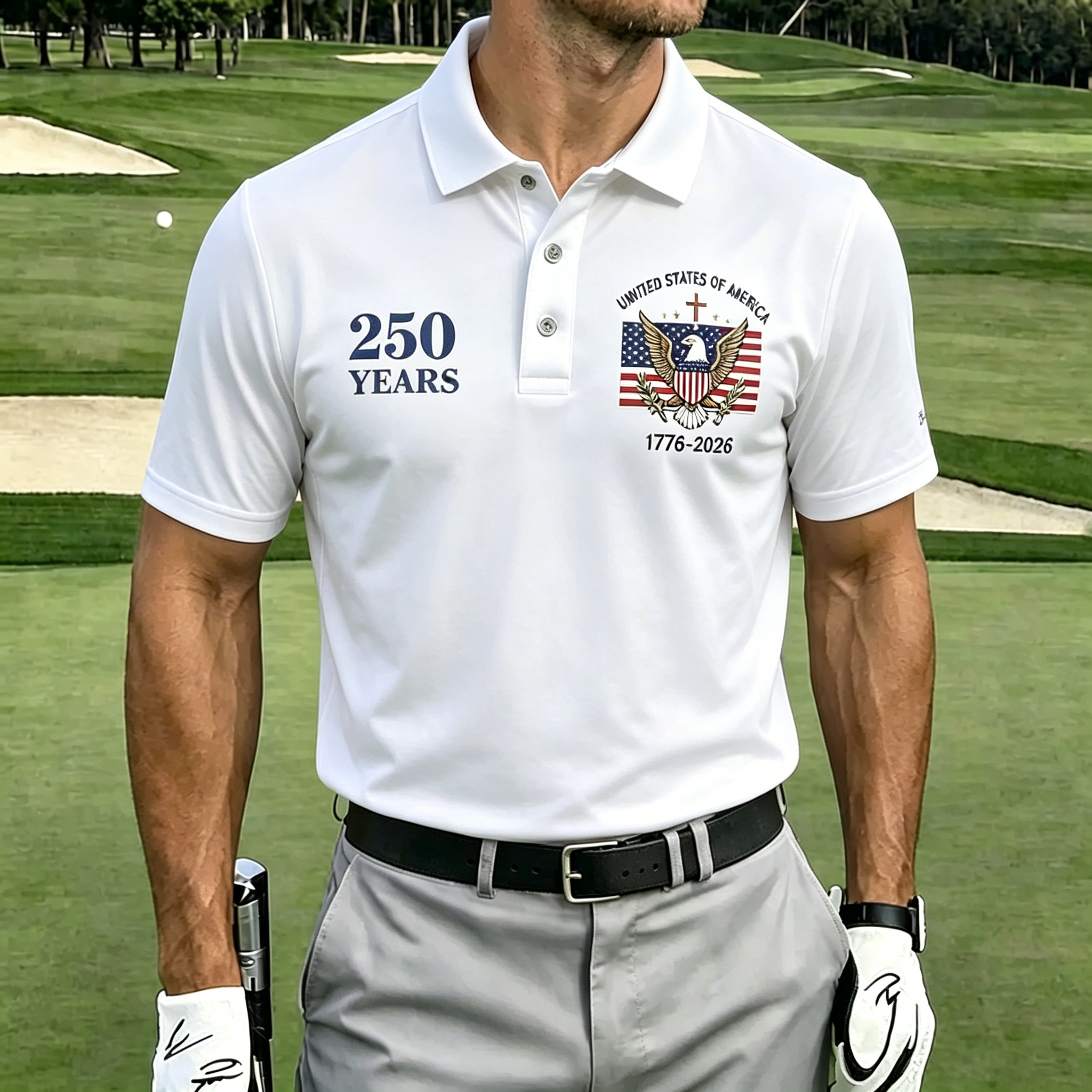 USA 250th Anniversary Distressed American Flag Golf Polo Shirt | Tactical Eagle Patriotic Polo