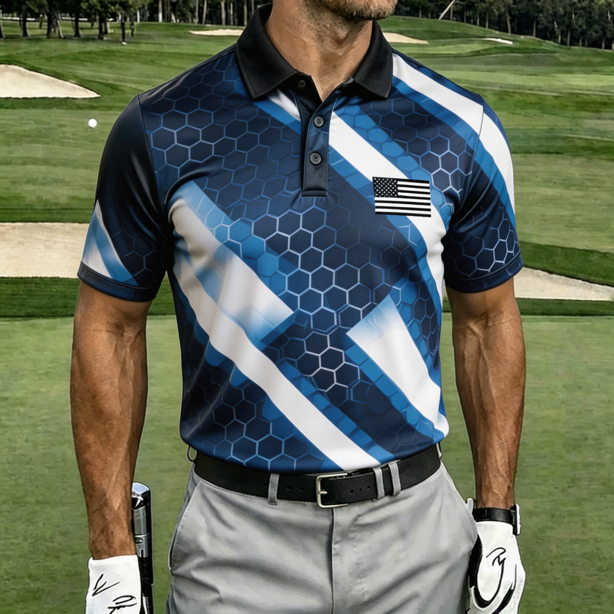 USA Flag Argyle Pattern Golf Shirt, Men’s Athletic Performance Polo for Sports & Casual