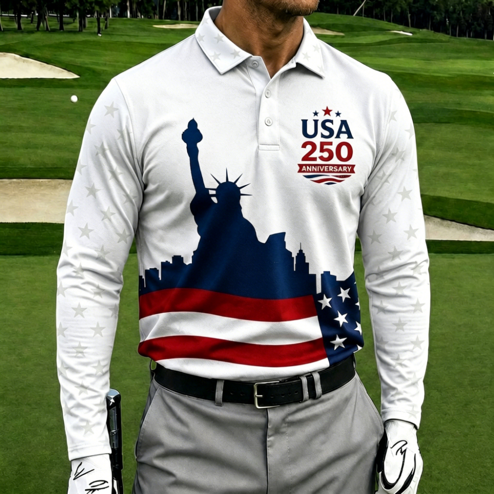 USA 250th Anniversary Long Sleeve Golf Polo Shirt – Statue Of Liberty & Star Flag Color Block Print, Breathable Sports Casual Top