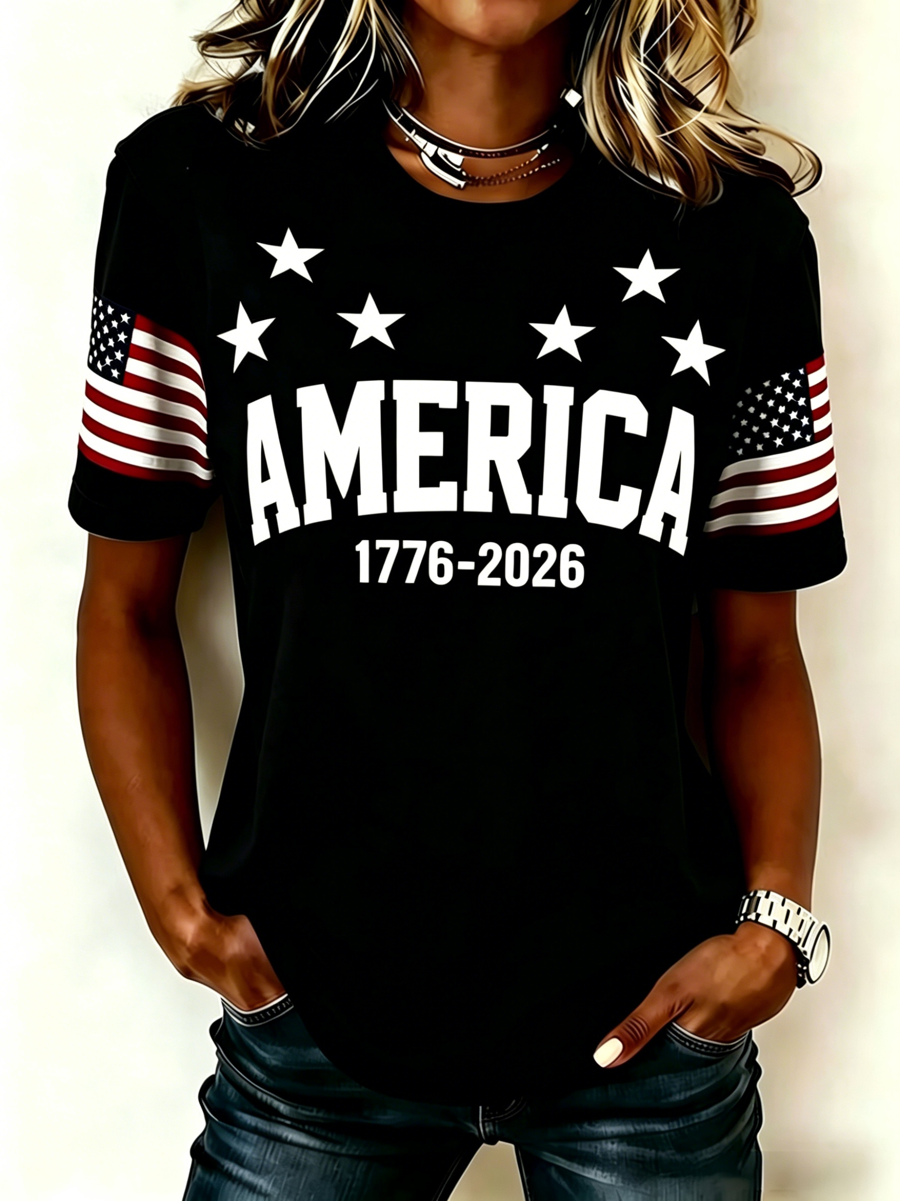 Retro USA Flag Sleeve Tee – "AMERICA 1776-2026" Text with Star Detail, Crew Neck Casual Top