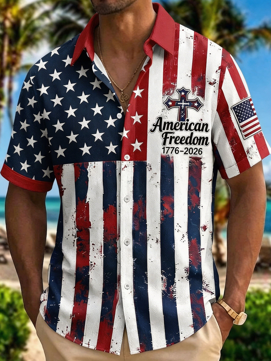 American Freedom 1776-2026 Button-Down Shirt – Distressed American Flag Print with Patriotic Cross, Short Sleeve Casual Top