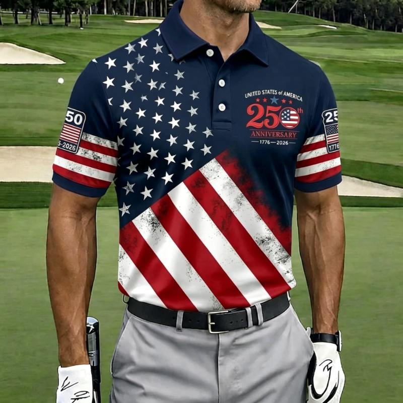 USA 250th Anniversary Vintage Flag Print Short Sleeve Golf Polo Shirt