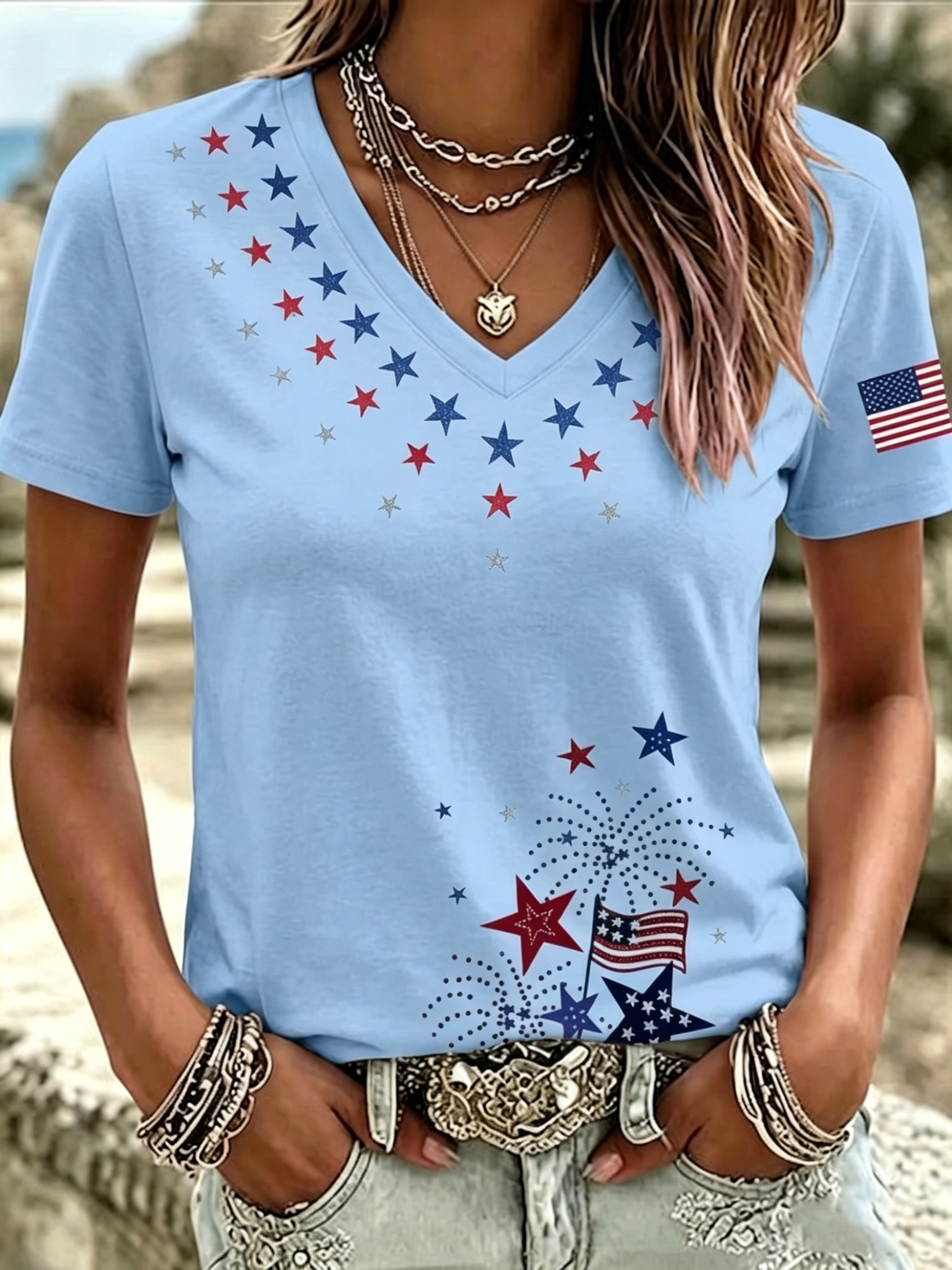 Women's 4th of July Star Fireworks American Flag V Neck T-Shirt, Patriotic USA Independence Day Short Sleeve Casual Tee