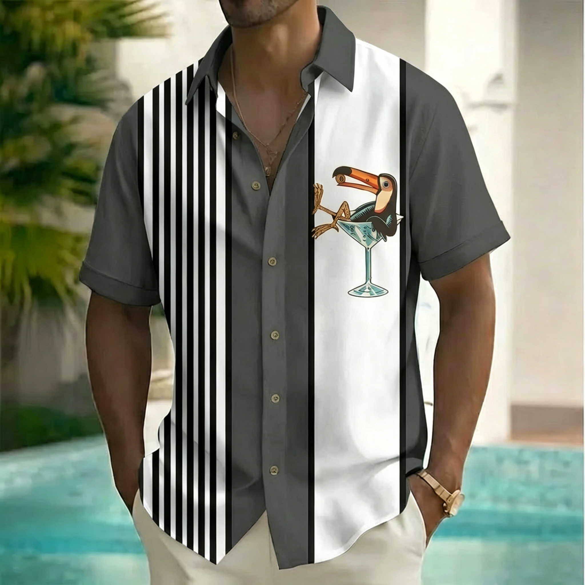 Men's Retro Striped Toucan Cocktail Print Short Sleeve Button Down Shirt, Color Block Tropical Summer Beach Casual Shirt