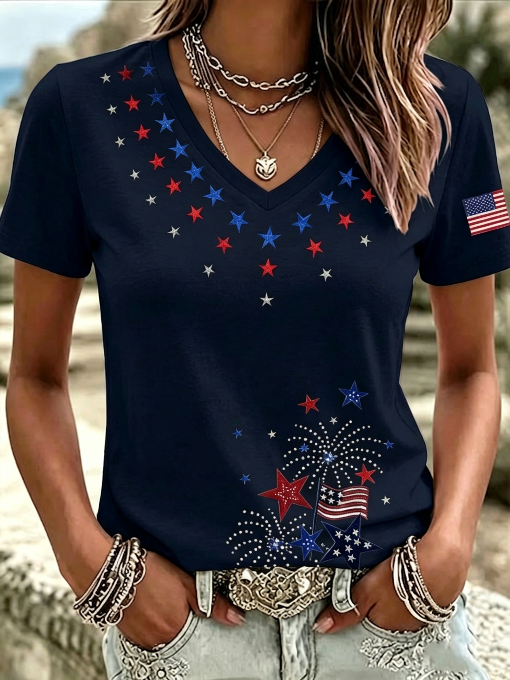 Women's 4th of July Star Fireworks American Flag V Neck T-Shirt, Patriotic USA Independence Day Short Sleeve Casual Tee