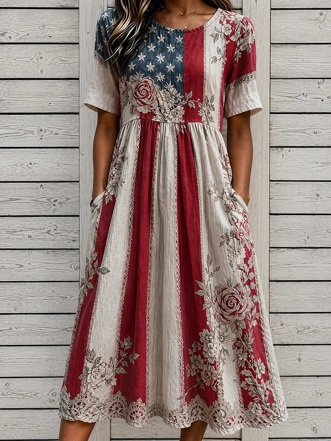 Patriotic Flag & Floral Print Short Sleeve Lace Trim Midi Dress