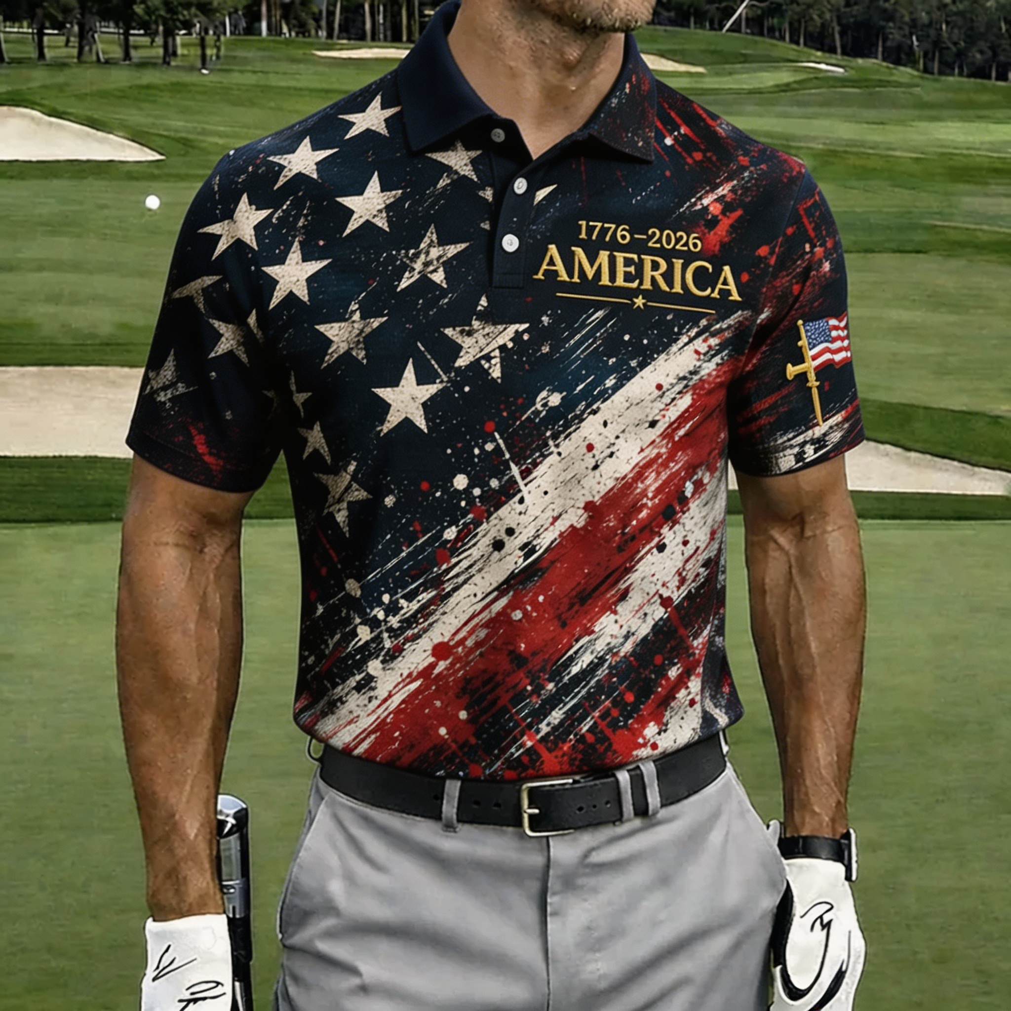USA 250th Anniversary American Flag Golf Polo Shirt
