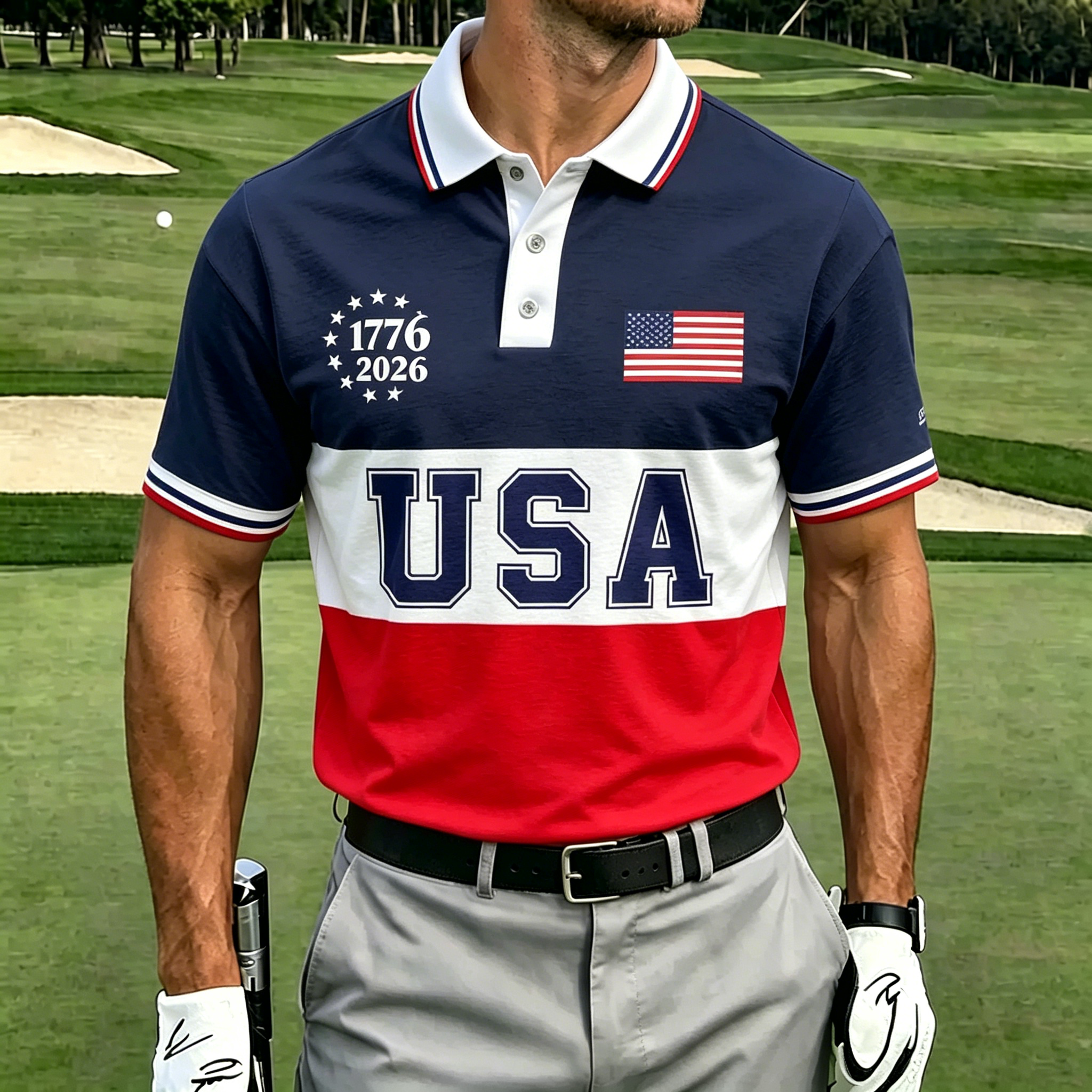 America 250th Anniversary Golf Polo Shirt – Navy Blue with Presidential Seal & Diagonal "AMERICA 250" Print, Patriotic Performance Top