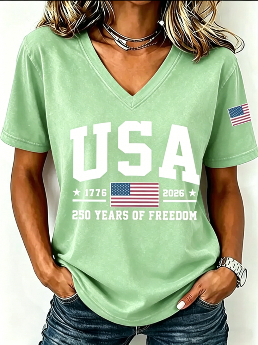 USA 250 Years of Freedom V-Neck T-Shirt – Vintage Washed Denim Blue with American Flag Print, Casual Patriotic Short Sleeve Top