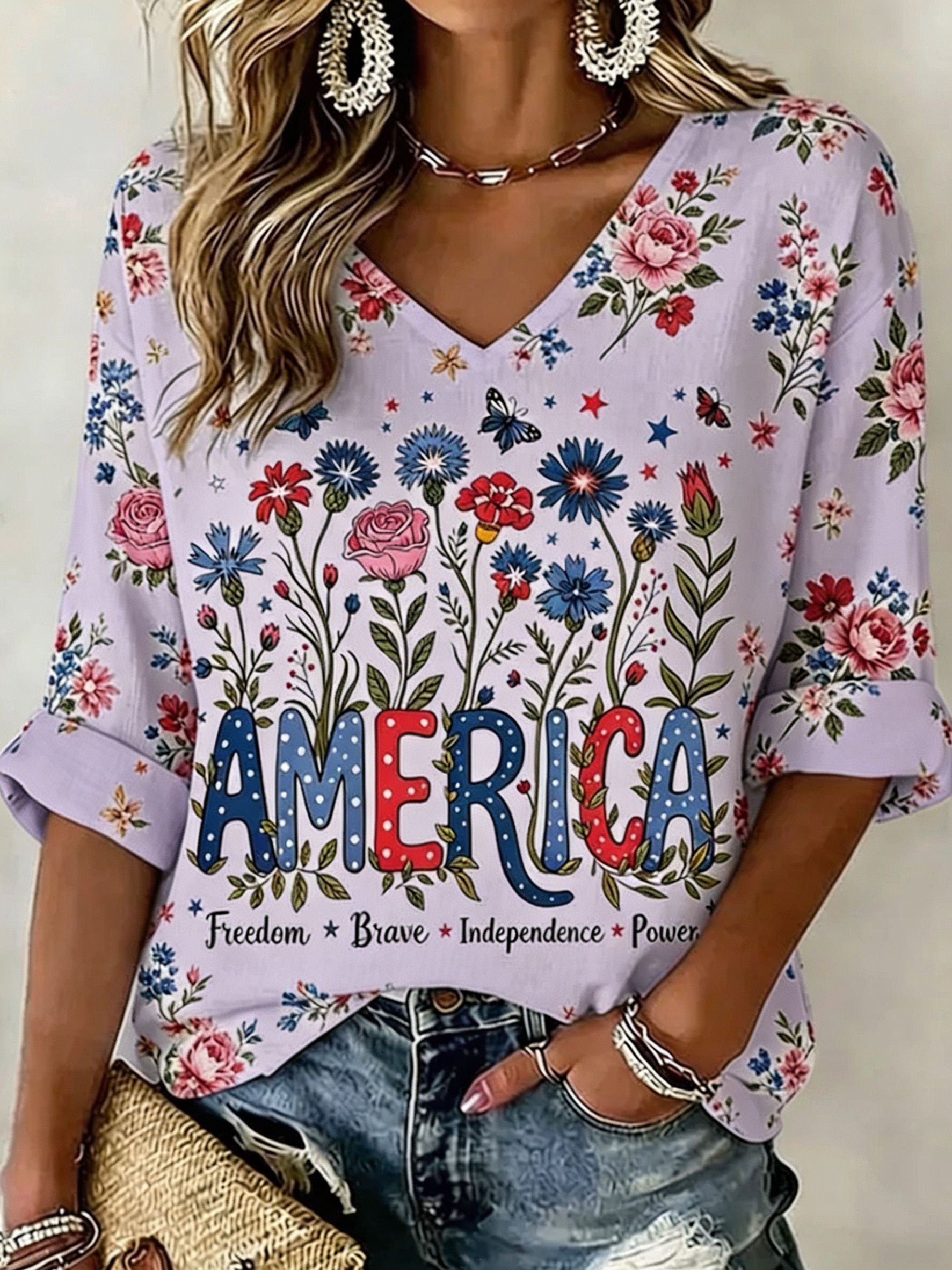 Boho Patriotic Floral America Print Blouse, Casual V-Neck 3/4 Sleeve Shirt