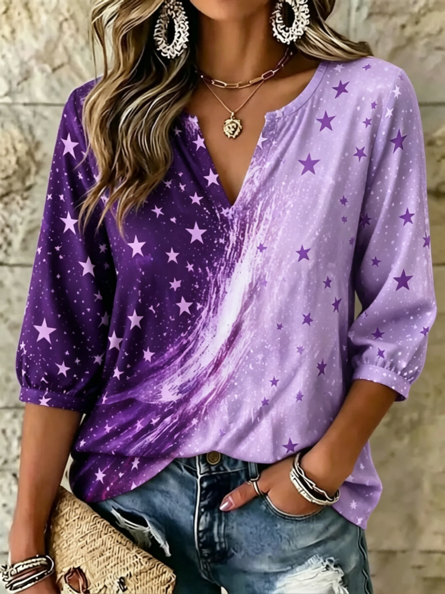 USA Flag Inspired Star Print V-Neck 3/4 Sleeve Casual Top