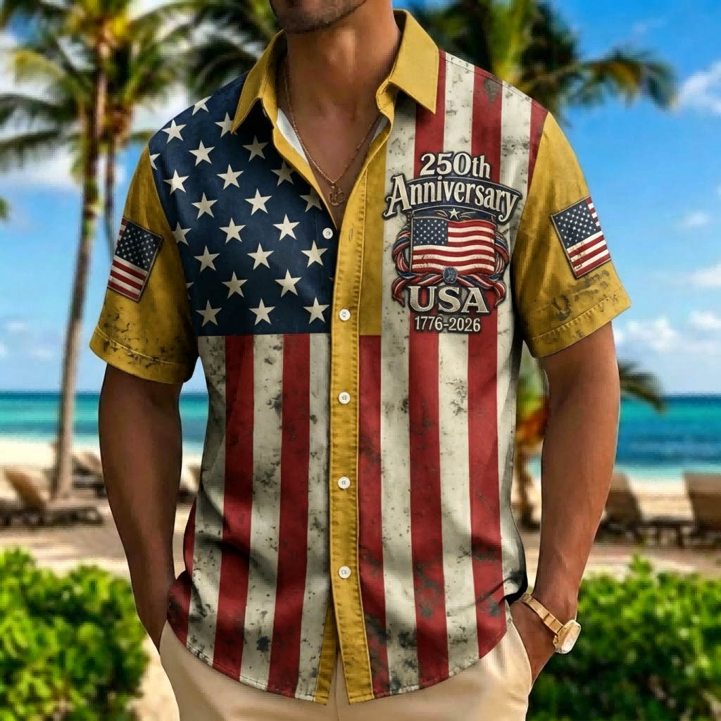 Retro American Flag 1776-2026 Hawaiian Shirt – Gradient Star & Stripe Design with Anniversary Text, Beach Vacation Casual Top
