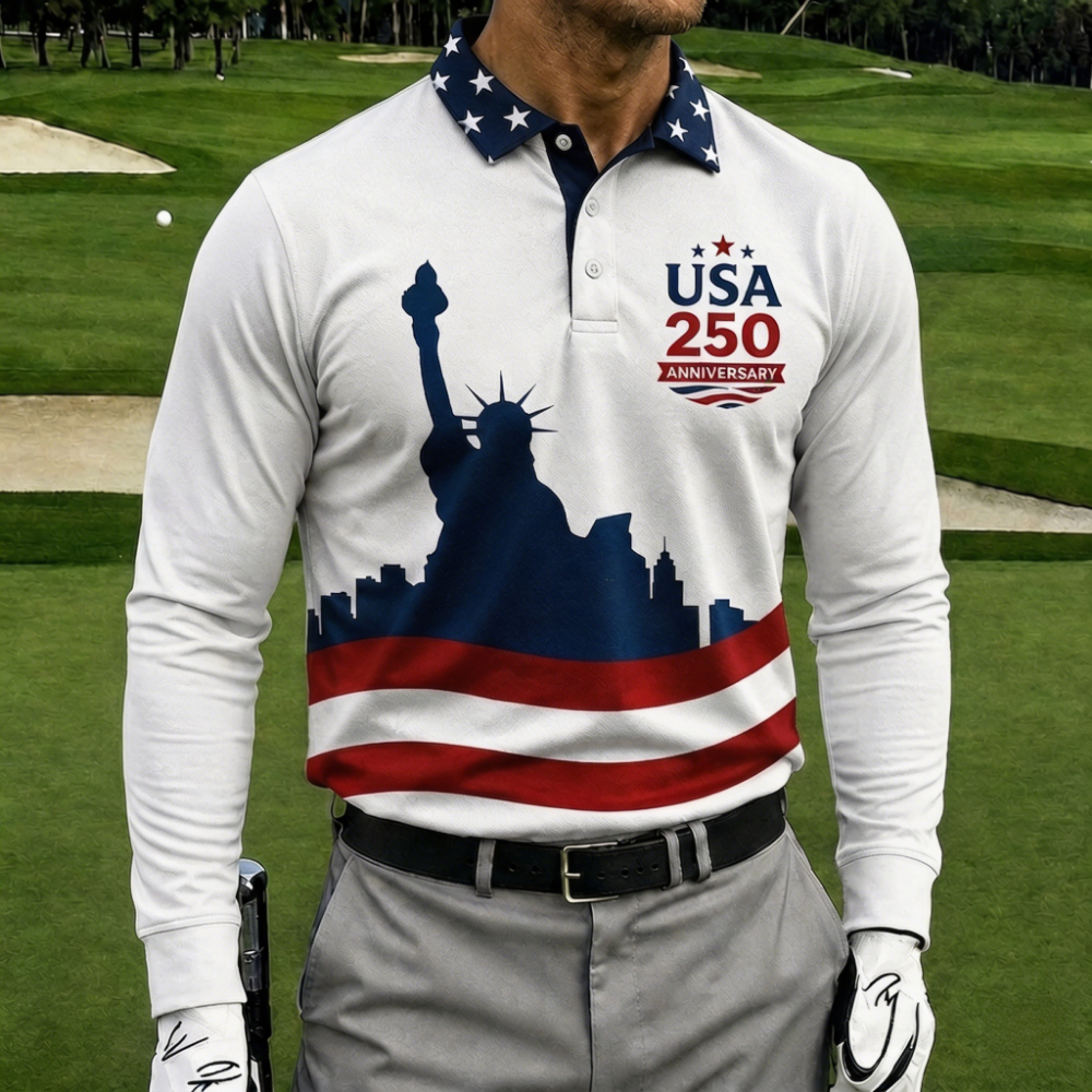 USA 250th Anniversary Long Sleeve Golf Polo Shirt – Statue Of Liberty & Star Flag Color Block Print, Breathable Sports Casual Top