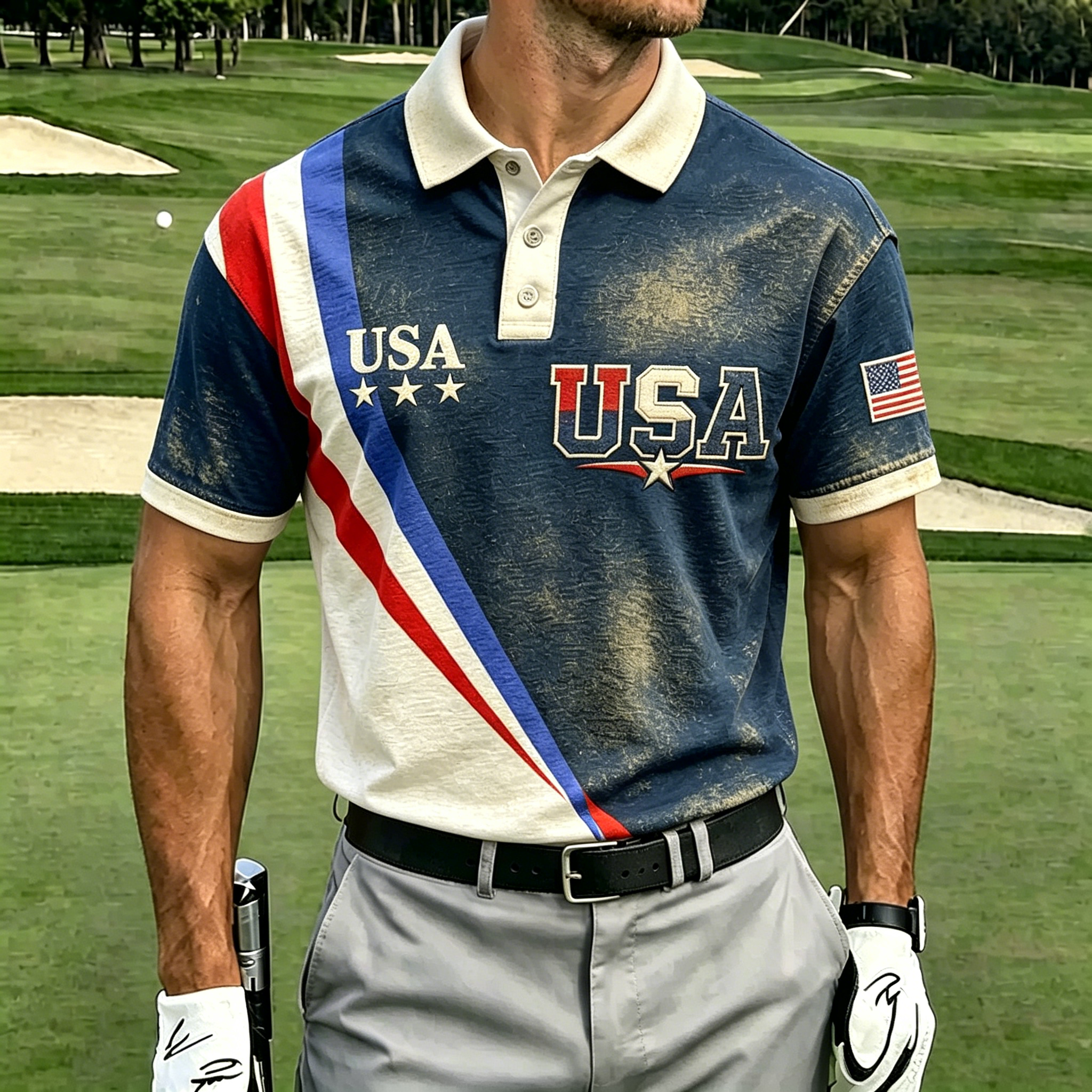 America 250th Anniversary Golf Polo Shirt – Navy Blue with Presidential Seal & Diagonal "AMERICA 250" Print, Patriotic Performance Top