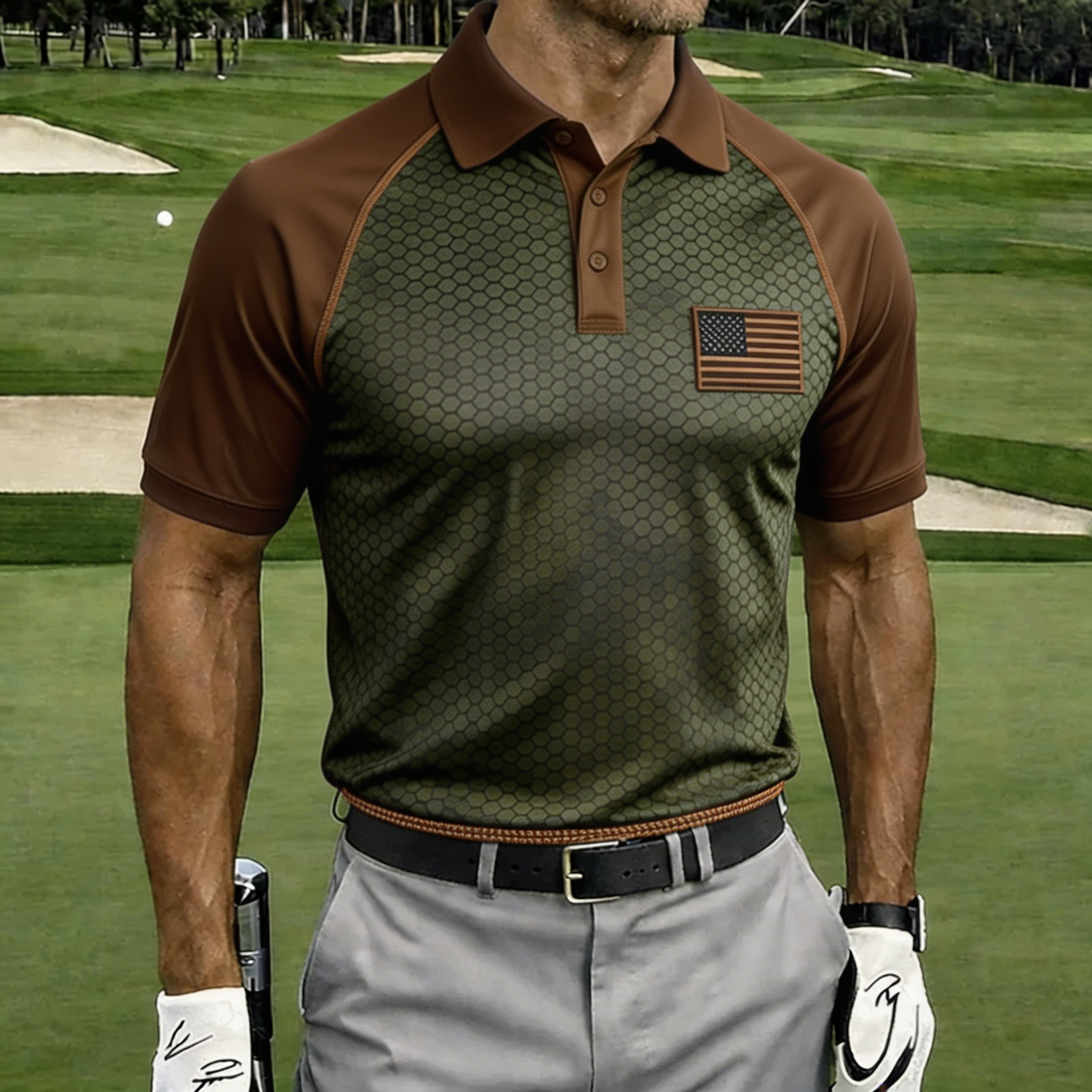 Men’s American Flag Eagle Golf Shirt, Moisture-Wicking Patriotic Short Sleeve Polo
