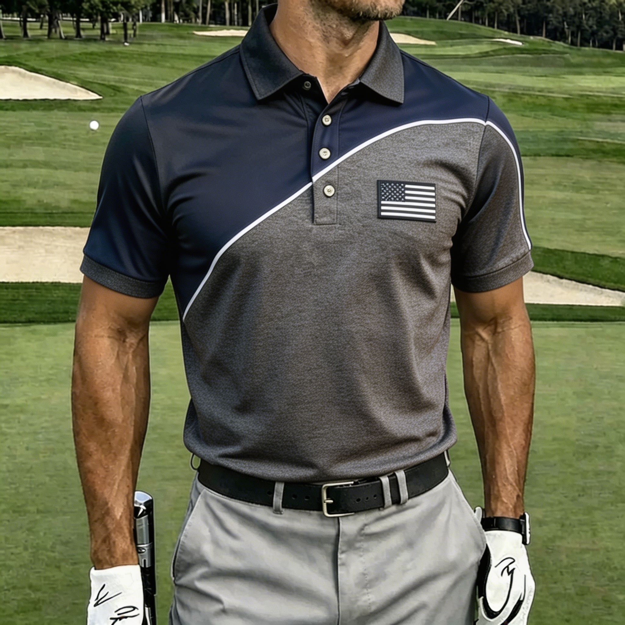 USA Flag Argyle Pattern Golf Shirt, Men’s Athletic Performance Polo for Sports & Casual