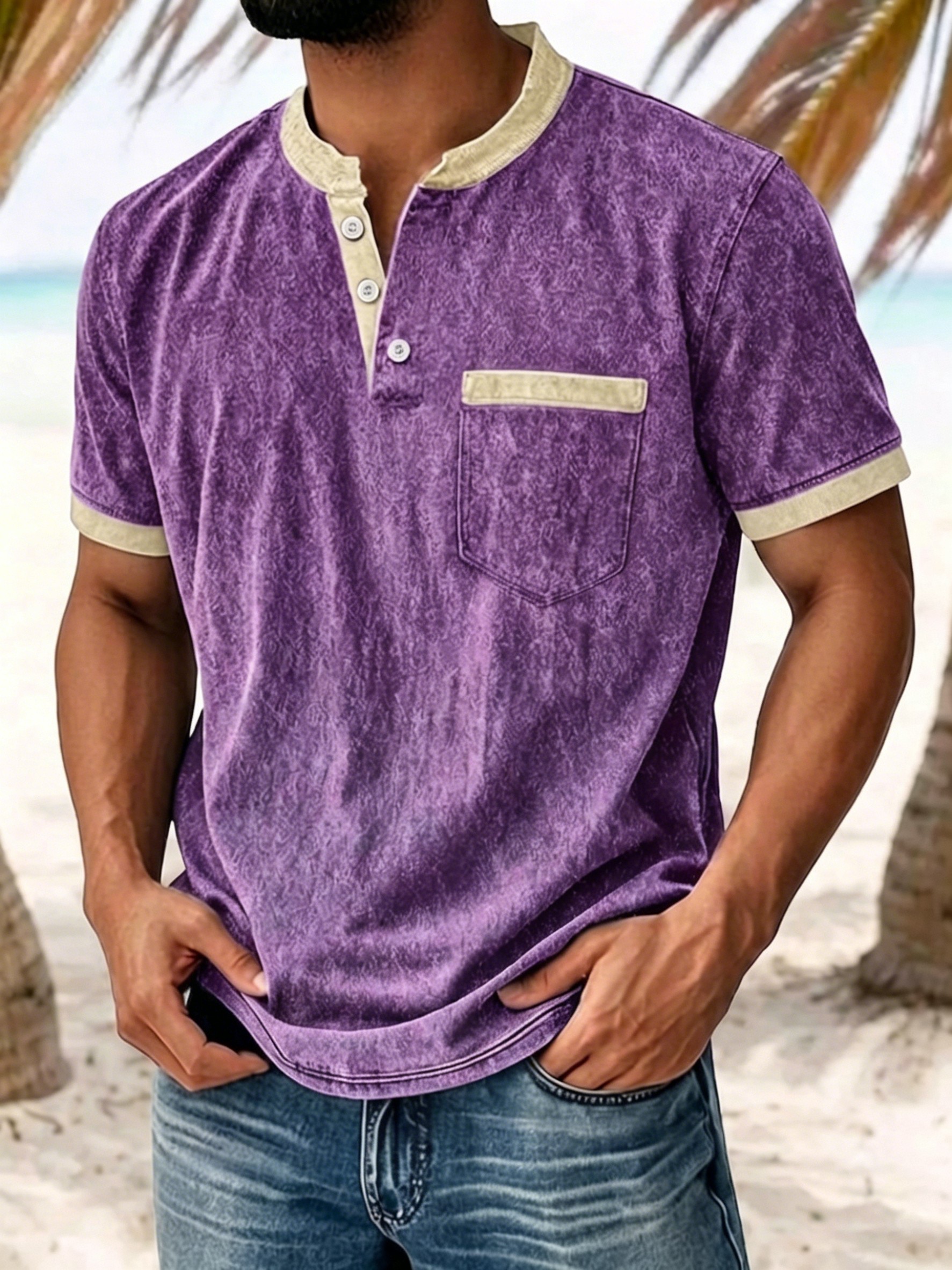 Men's Casual Washed Henley T-Shirt, Short Sleeve Contrast Trim Pocket Tee