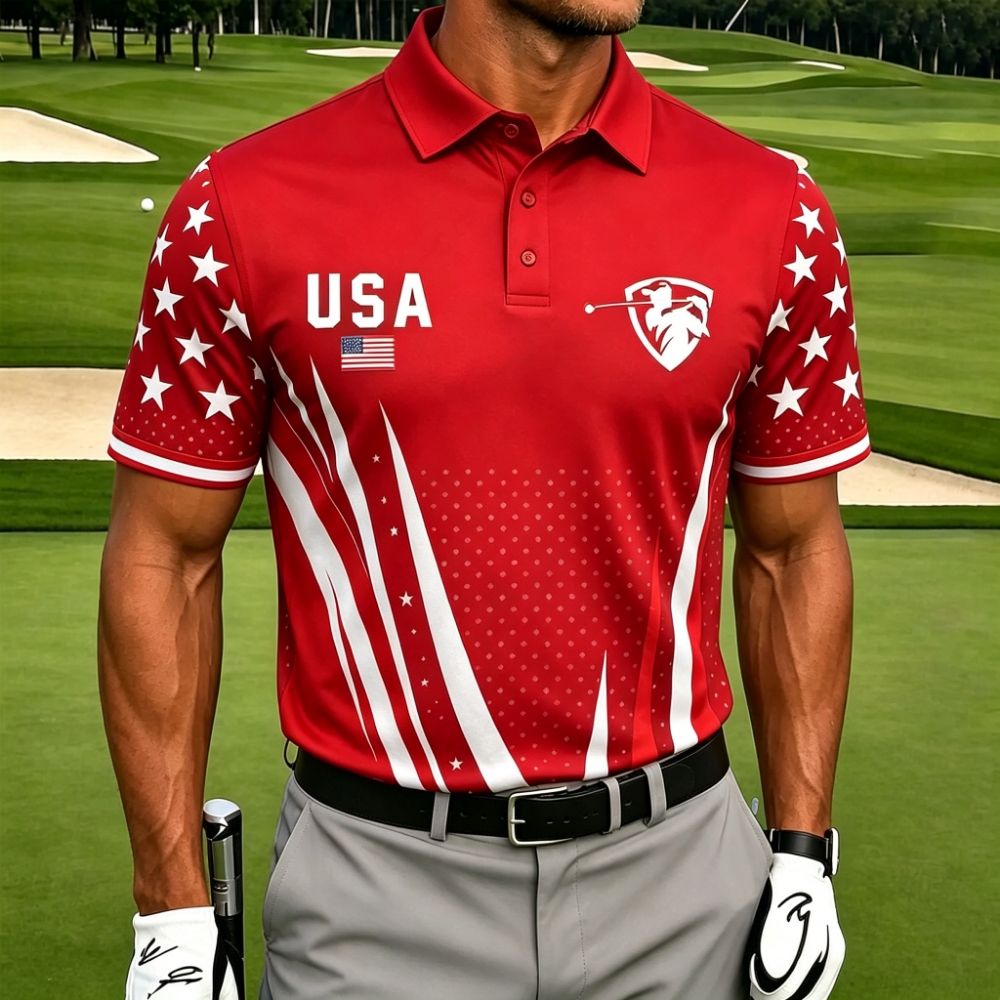 [Copy]Men's USA Flag Print Quarter-Zip Polo Shirt, Patriotic Short Sleeve Golf Top