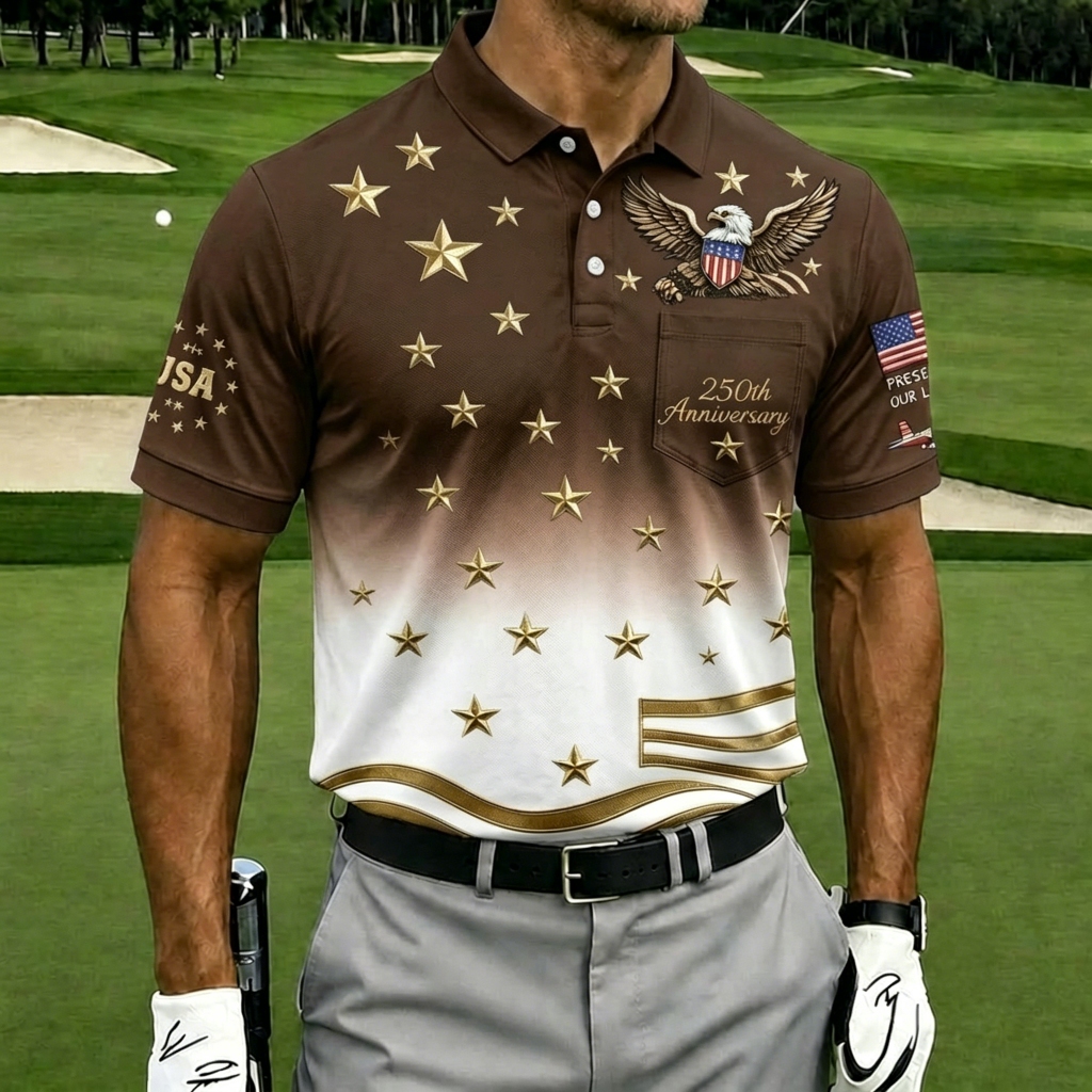 USA 250th Anniversary Patriotic Eagle Golf Polo Shirt, Men's Casual Top with Gradient Gold Star Print