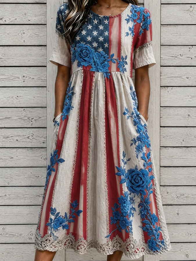 Patriotic Flag & Floral Print Short Sleeve Lace Trim Midi Dress