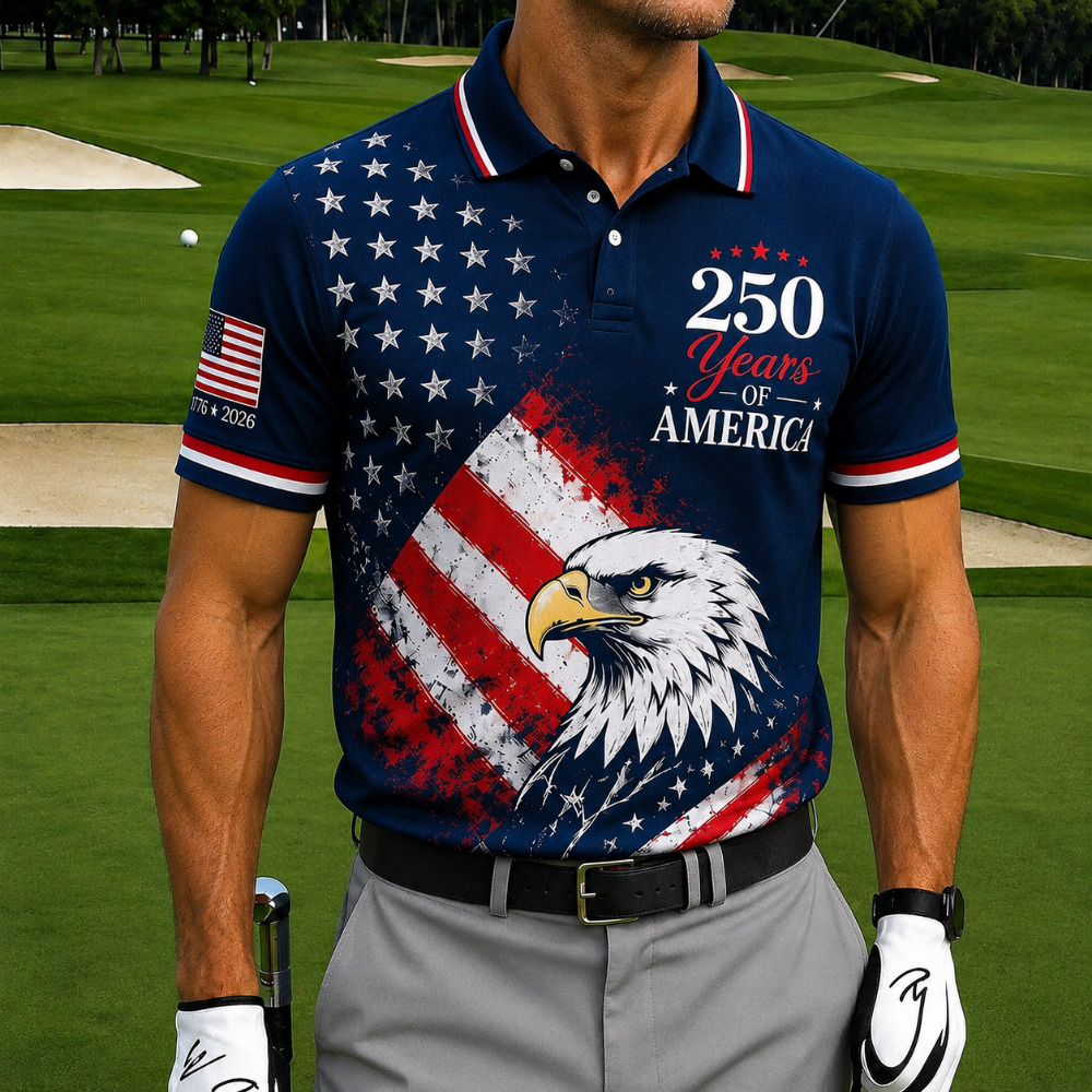 USA 250th Anniversary Golf Polo Shirt – Vintage Eagle & American Flag Print, Patriotic Quick Dry Short Sleeve Top