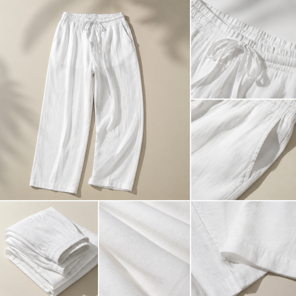 Men's Lightweight Linen Wide Leg Pants, Elastic Drawstring Waist Casual Loose Trousers with Side Pockets for Beach Vacation
