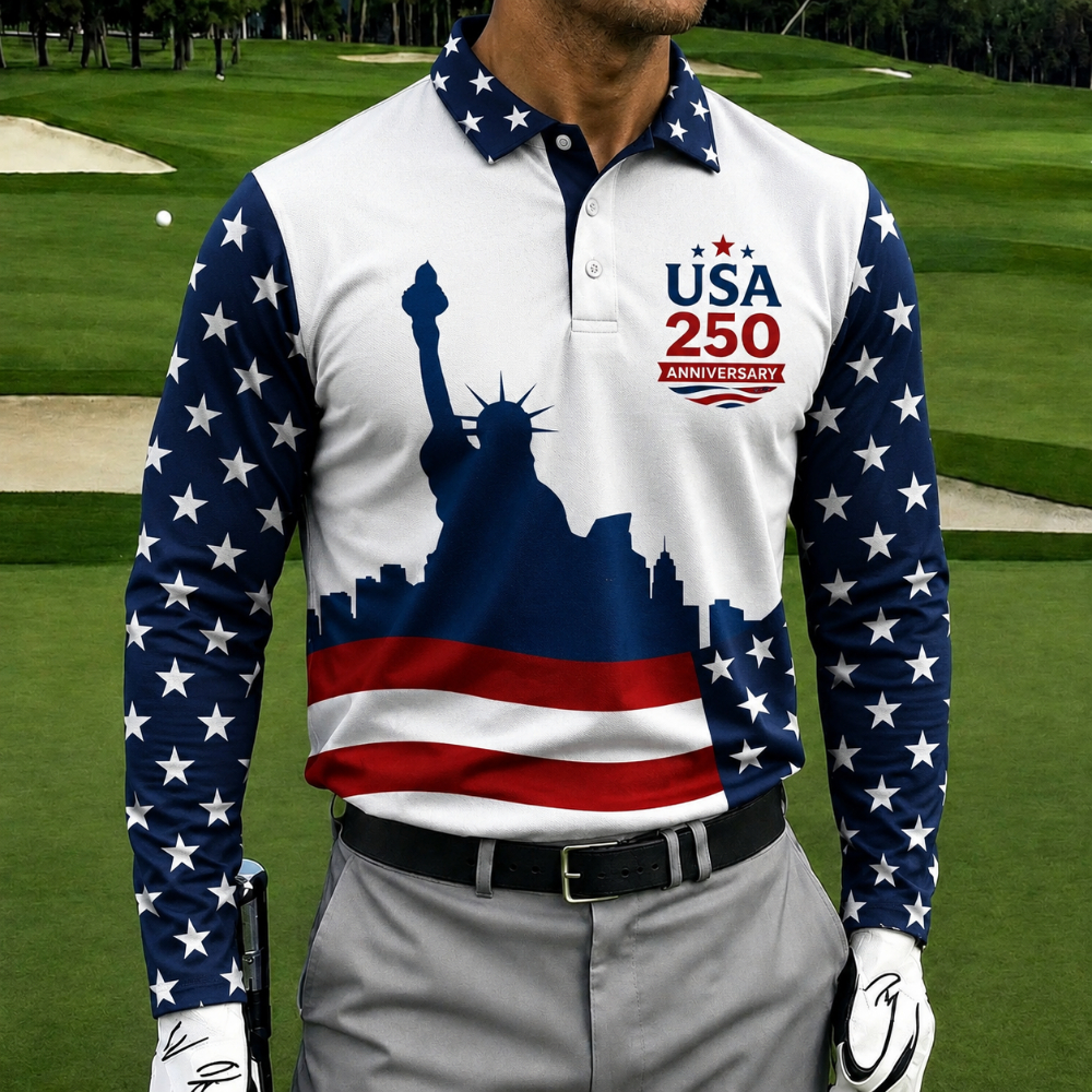 USA 250th Anniversary Long Sleeve Golf Polo Shirt – Statue Of Liberty & Star Flag Color Block Print, Breathable Sports Casual Top
