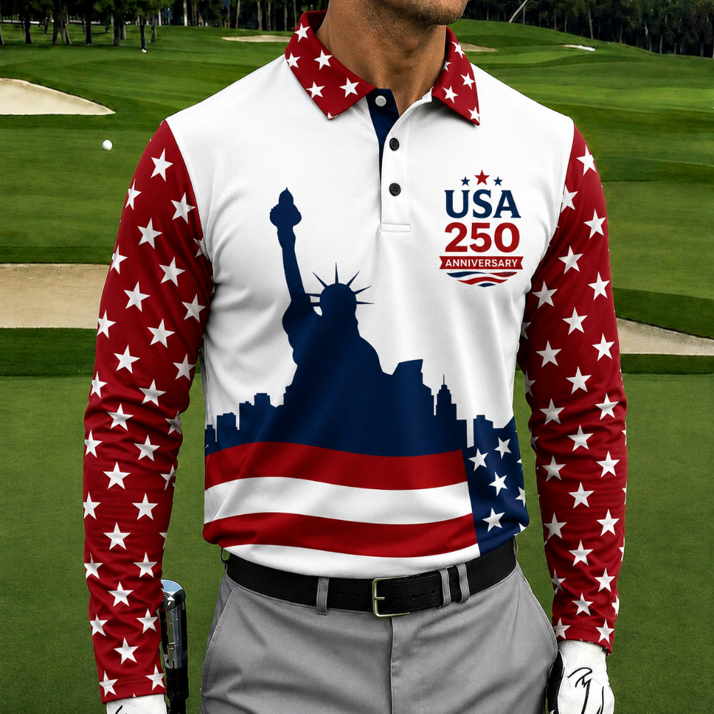 USA 250th Anniversary Long Sleeve Golf Polo Shirt – Statue Of Liberty & Star Flag Color Block Print, Breathable Sports Casual Top
