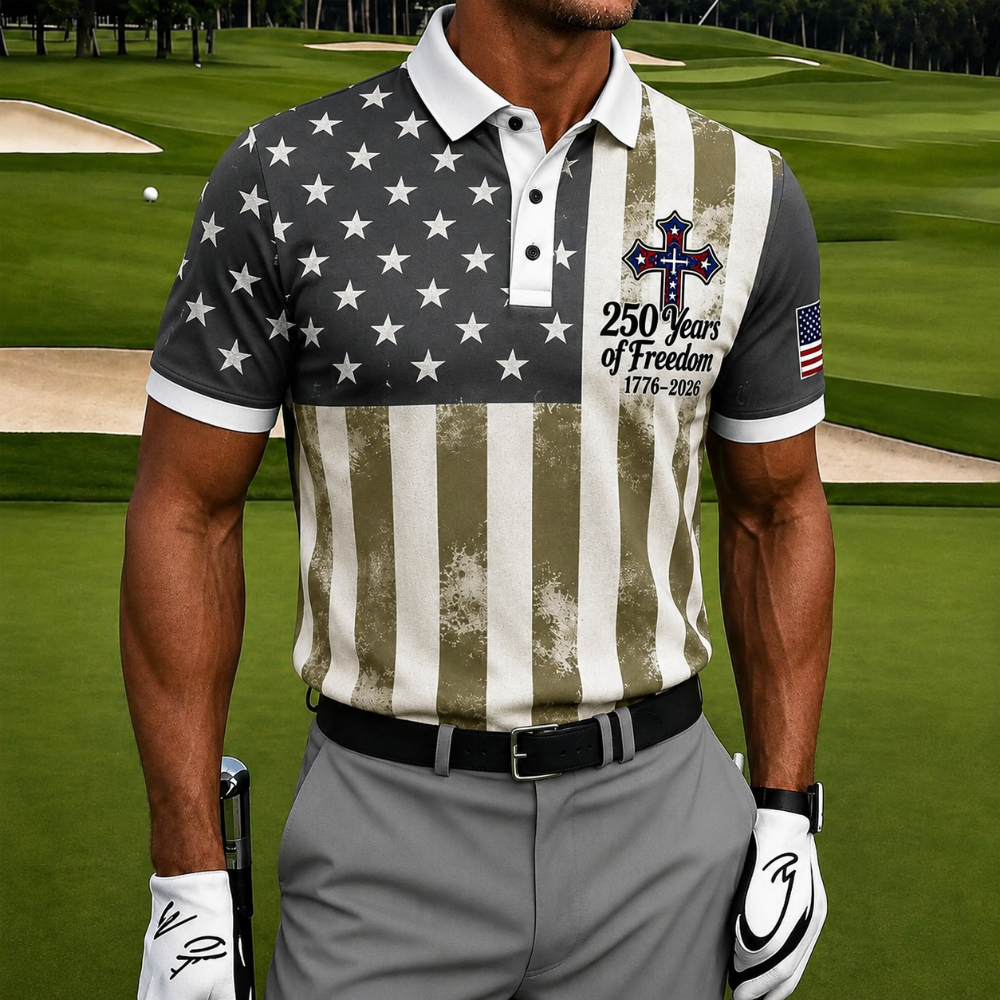 USA 250 Years of Freedom Golf Polo Shirt – Star & Stripe American Flag Print with Patriotic Cross, Quick Dry Short Sleeve Casual Top