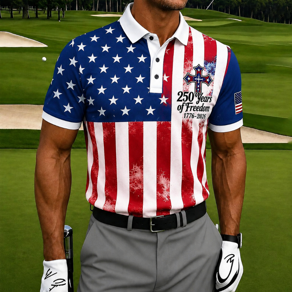 USA 250 Years of Freedom Golf Polo Shirt – Star & Stripe American Flag Print with Patriotic Cross, Quick Dry Short Sleeve Casual Top