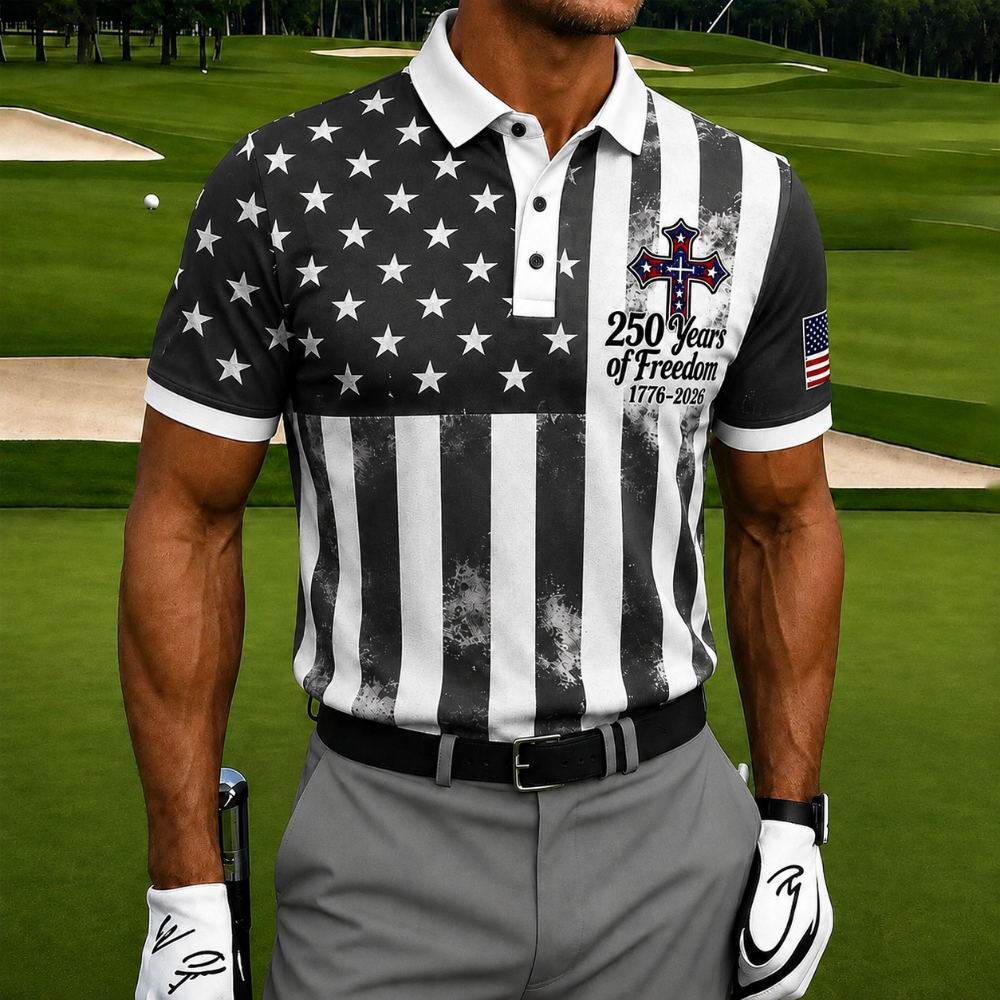 USA 250 Years of Freedom Golf Polo Shirt – Star & Stripe American Flag Print with Patriotic Cross, Quick Dry Short Sleeve Casual Top