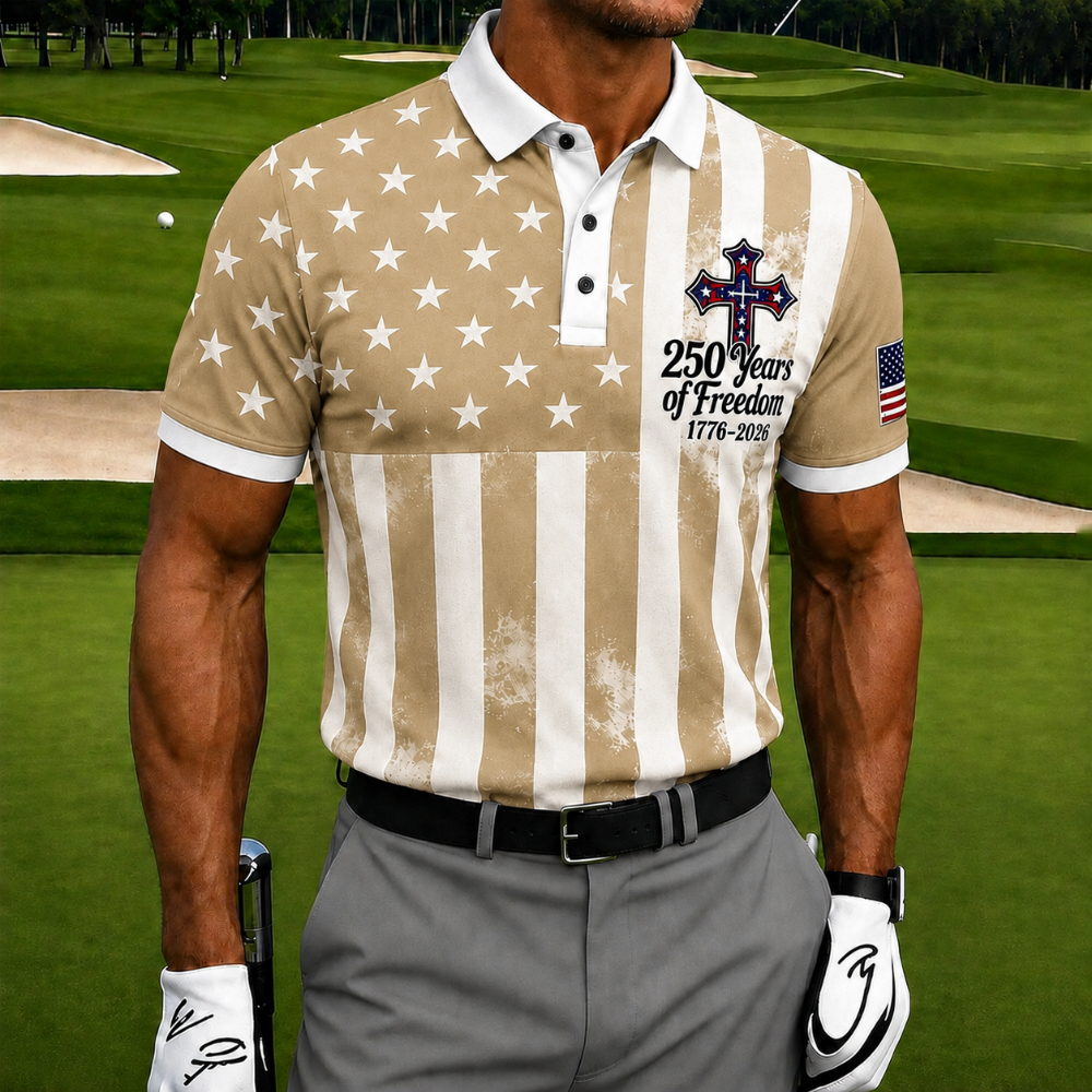 USA 250 Years of Freedom Golf Polo Shirt – Star & Stripe American Flag Print with Patriotic Cross, Quick Dry Short Sleeve Casual Top