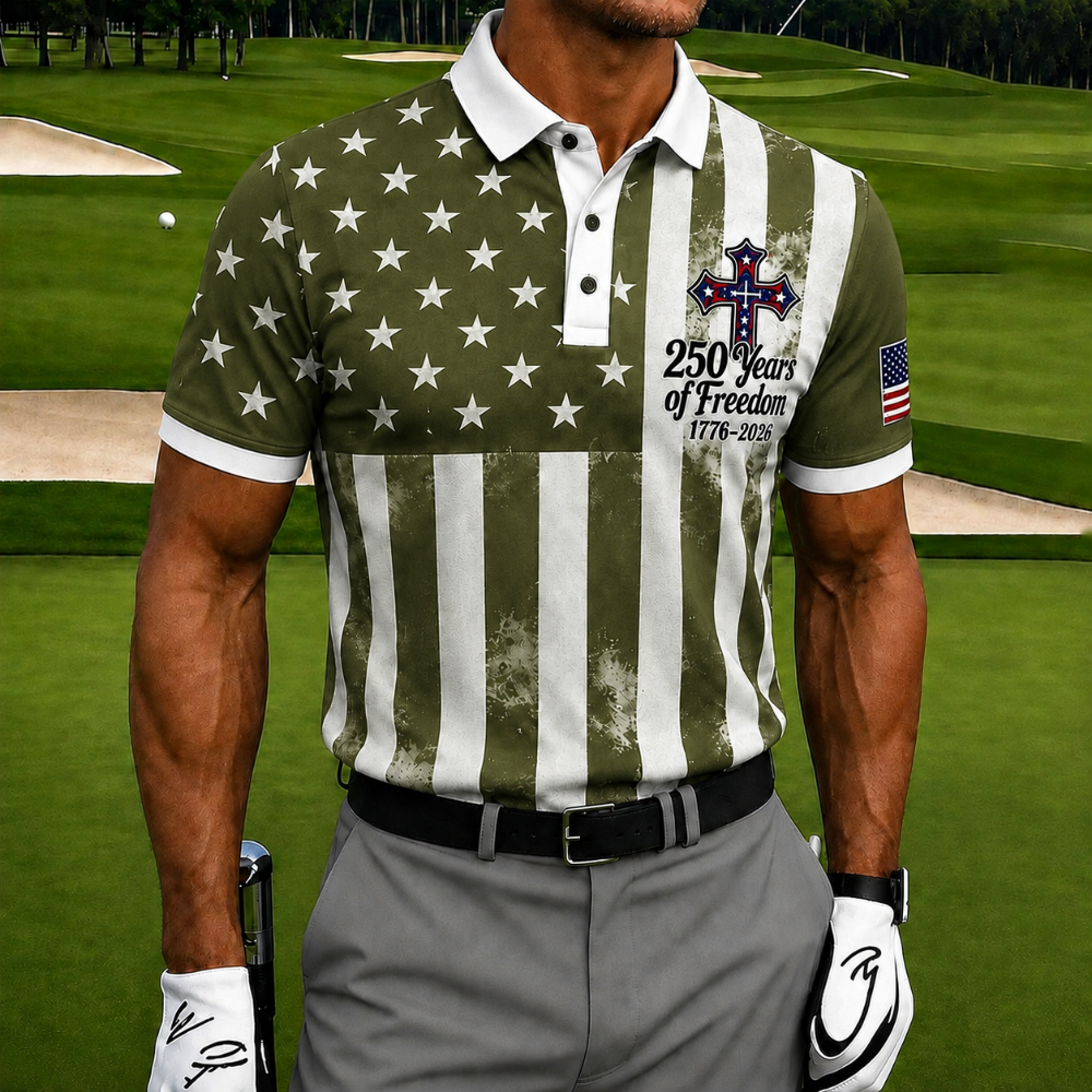 USA 250 Years of Freedom Golf Polo Shirt – Star & Stripe American Flag Print with Patriotic Cross, Quick Dry Short Sleeve Casual Top