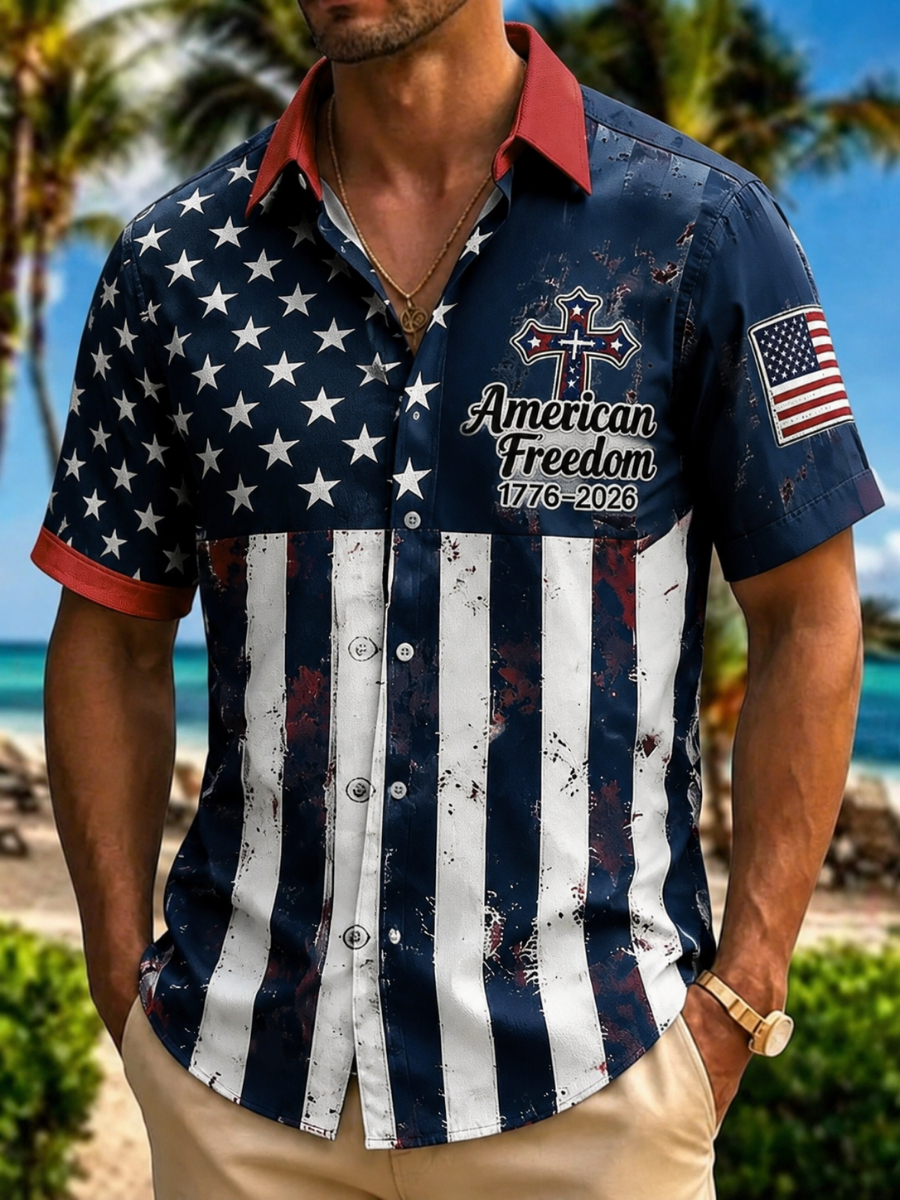 American Freedom 1776-2026 Button-Down Shirt – Distressed American Flag Print with Patriotic Cross, Short Sleeve Casual Top