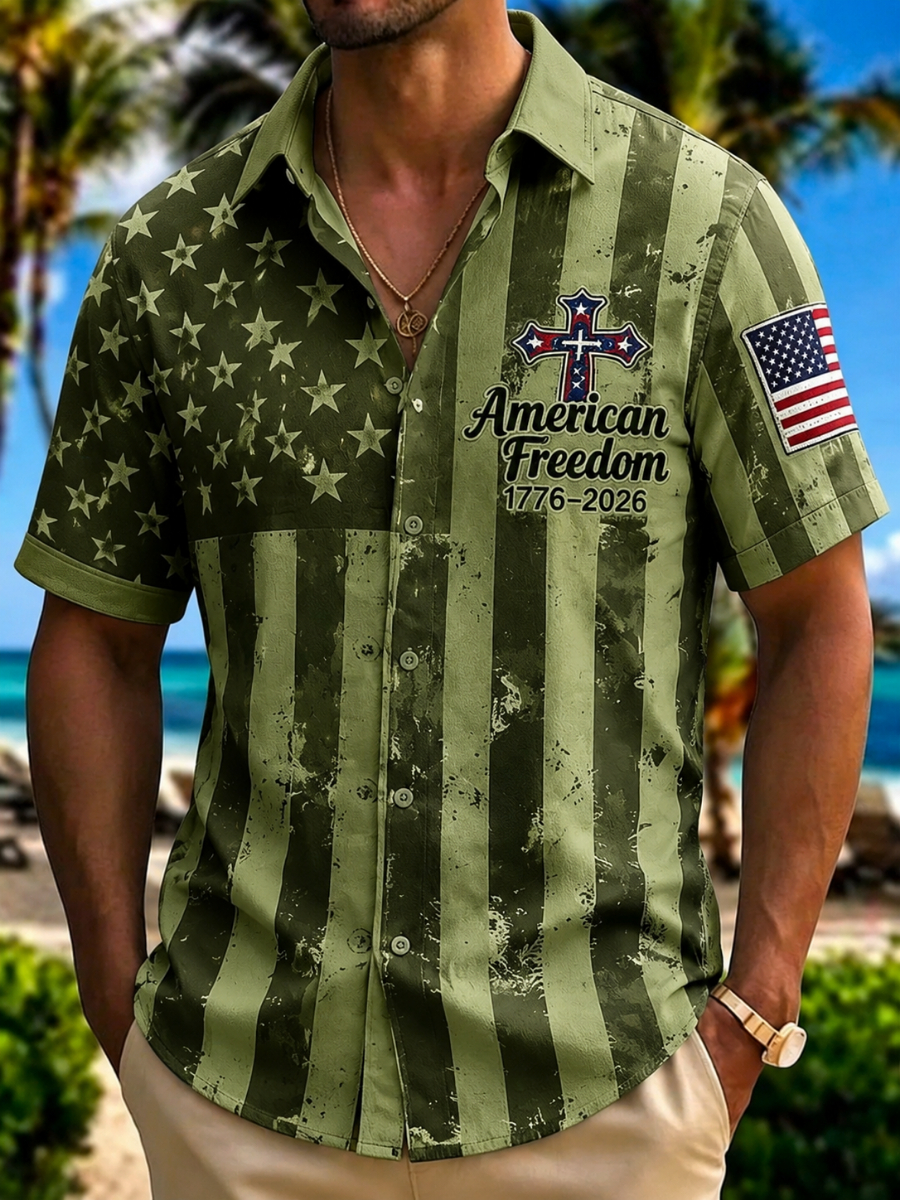 American Freedom 1776-2026 Button-Down Shirt – Distressed American Flag Print with Patriotic Cross, Short Sleeve Casual Top