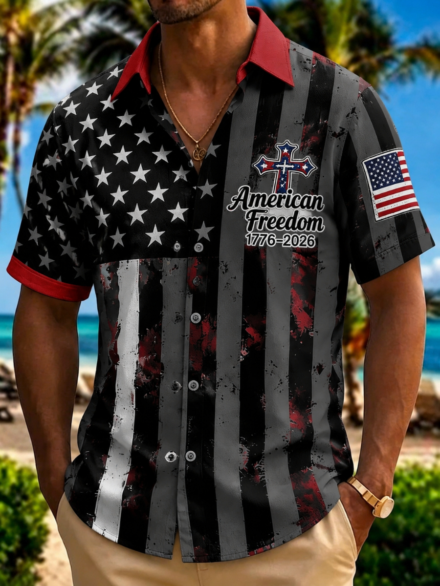 American Freedom 1776-2026 Button-Down Shirt – Distressed American Flag Print with Patriotic Cross, Short Sleeve Casual Top