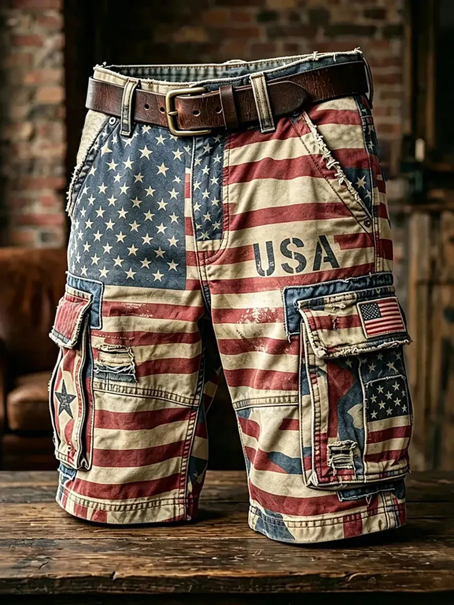 Vintage American Flag Print Cargo Shorts, Patriotic Distressed Multi-Pocket Casual Shorts