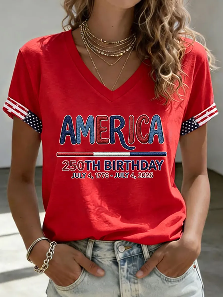 Patriotic USA 250th Anniversary T-Shirt, "AMERICA" Print Star-Stripe Cuff Casual Top