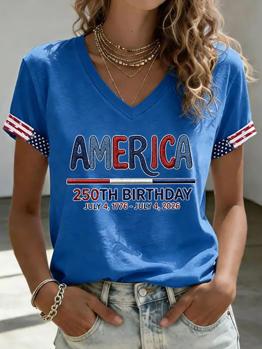 Patriotic USA 250th Anniversary T-Shirt, "AMERICA" Print Star-Stripe Cuff Casual Top